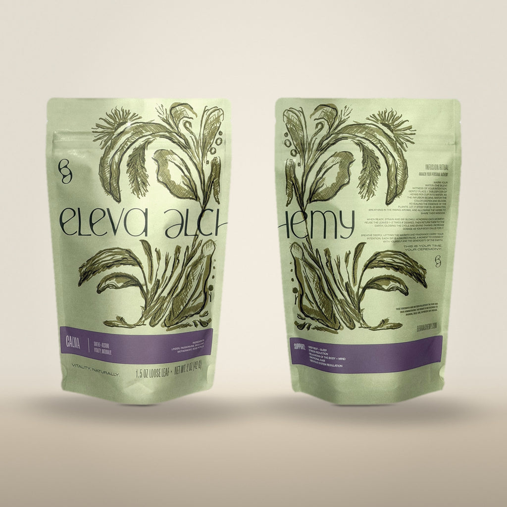 CALMA herbal blend pouch styled with glass infuser
