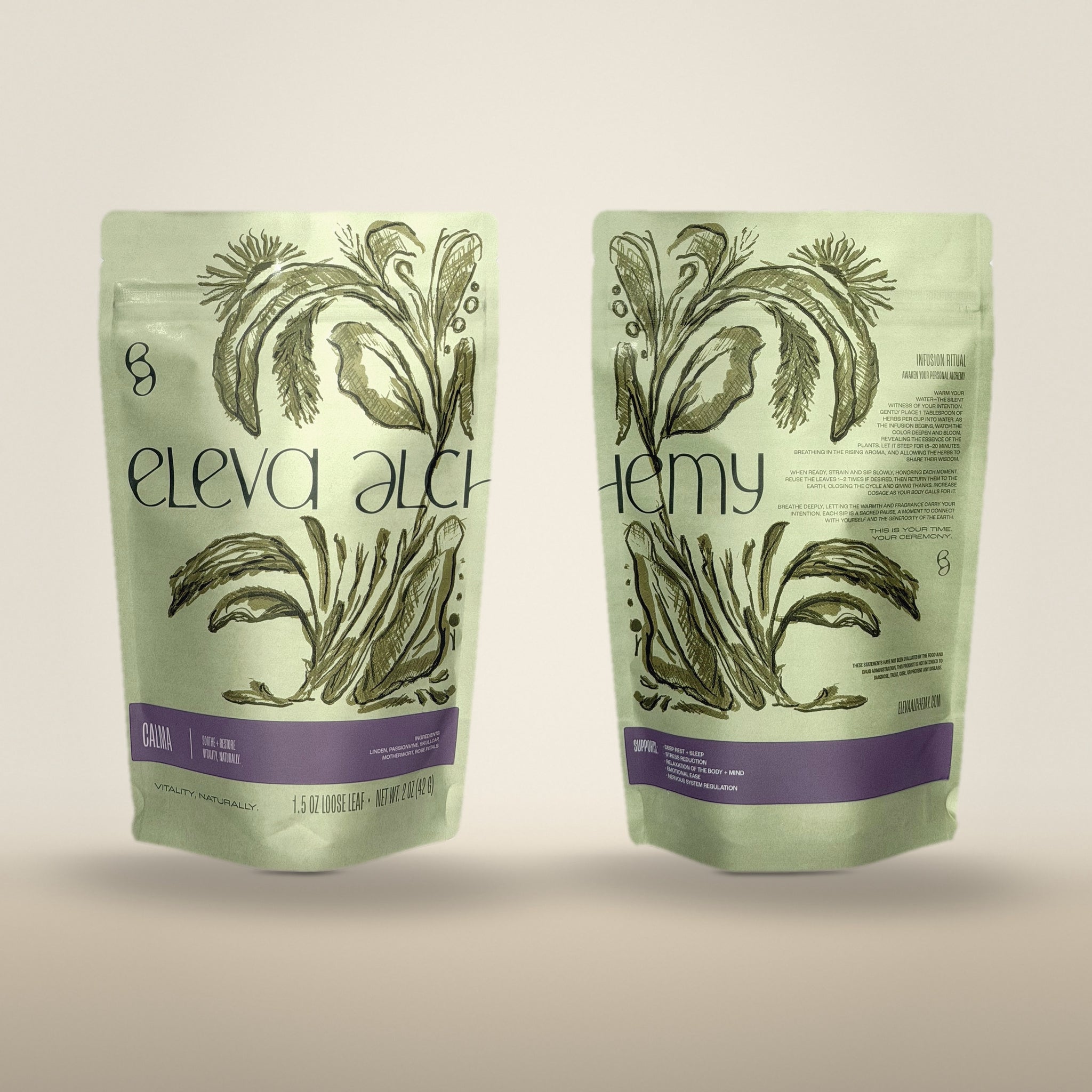 CALMA herbal blend pouch styled with glass infuser