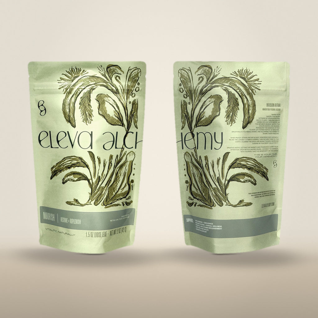 NOURISH herbal blend pouch styled with glass infuser