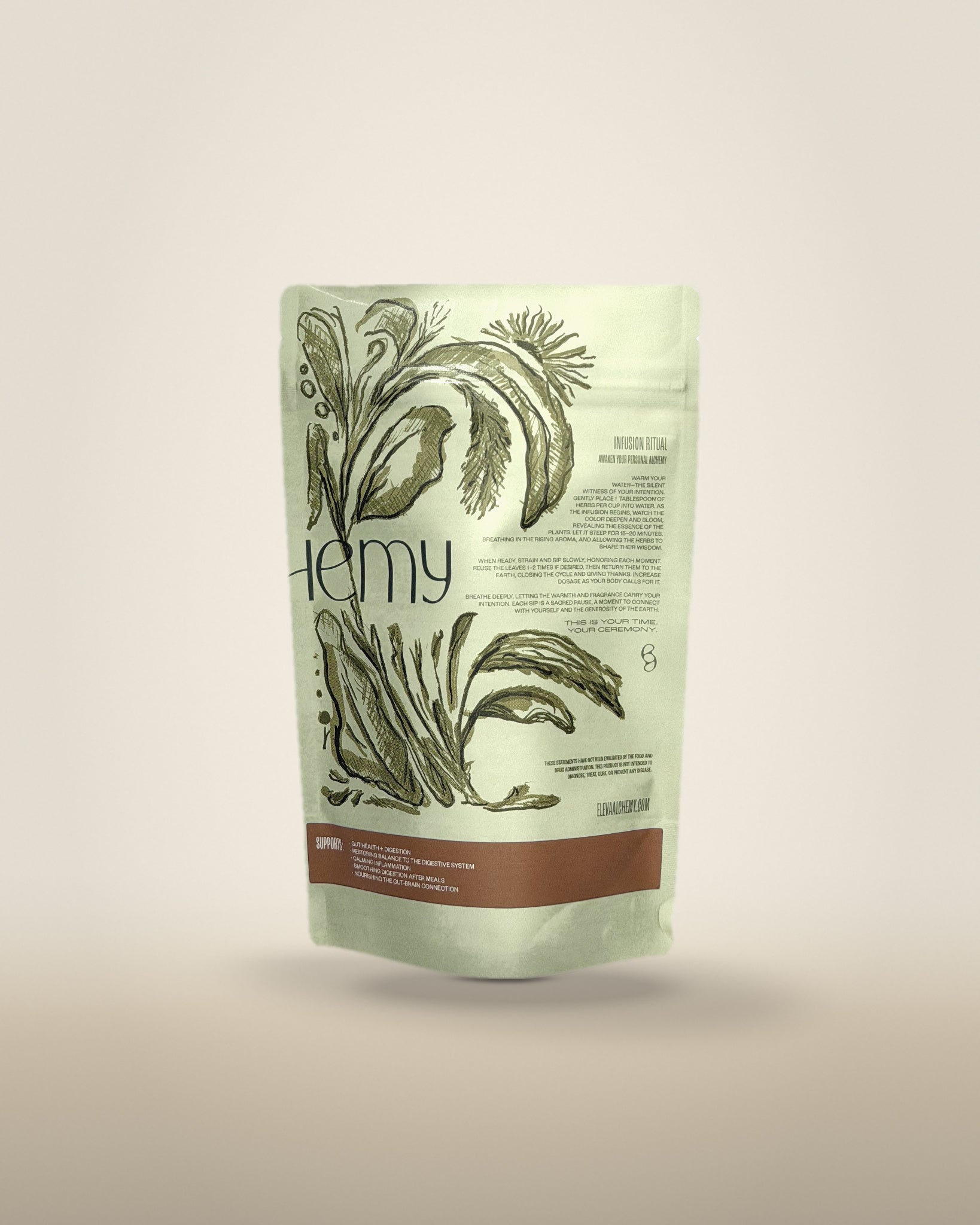 Rest + Digest herbal blend – back of pouch with ingredients list