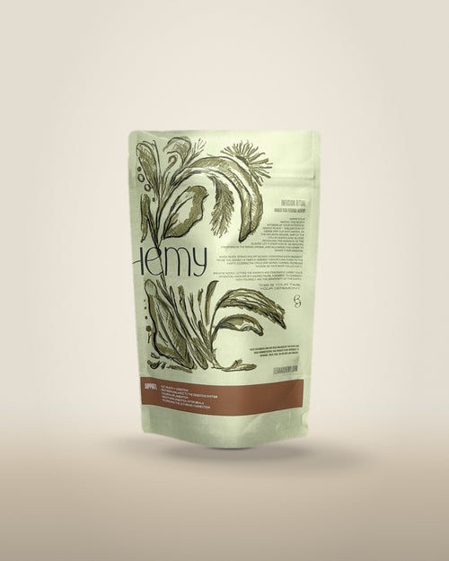 Rest + Digest herbal blend – back of pouch with ingredients list