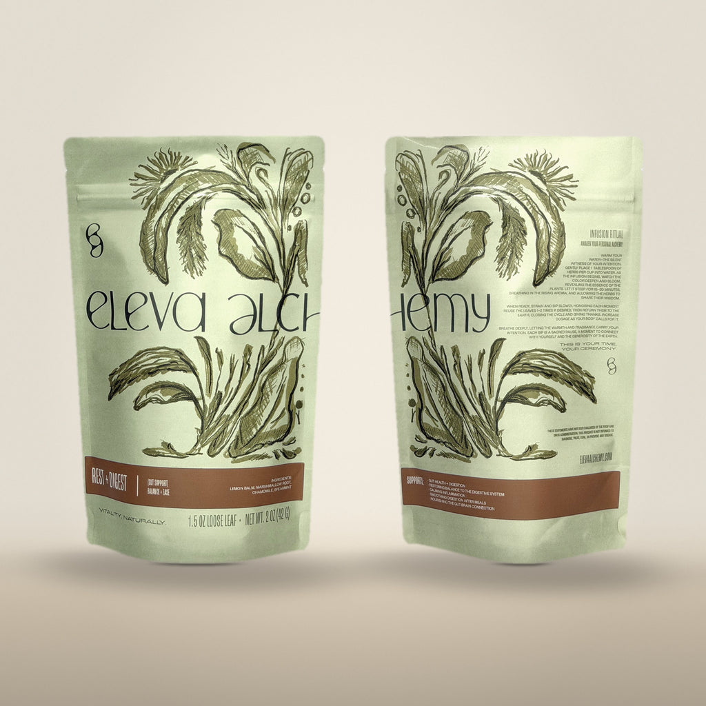 Rest + Digest herbal blend pouch styled with glass infuser